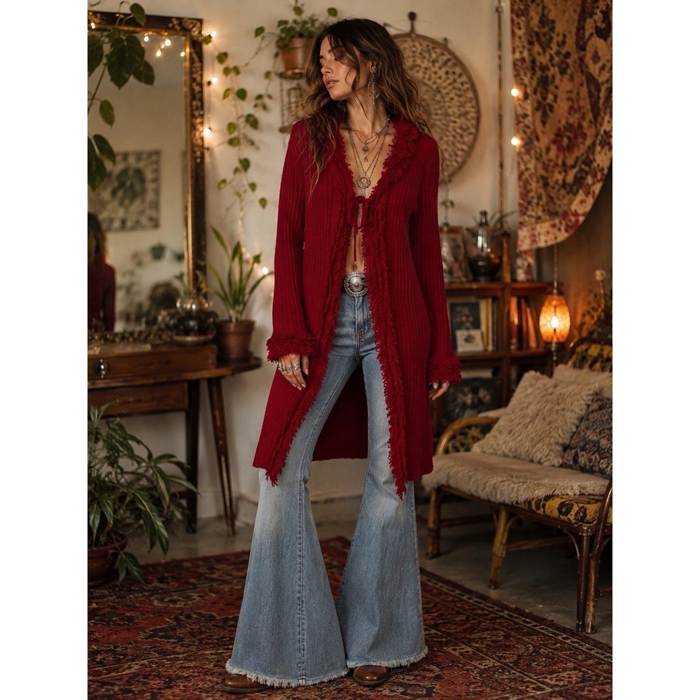 Cato Duster Cardigan XL Fringe Trim Longline Ribbed Boho Festival Whimsical Y2K